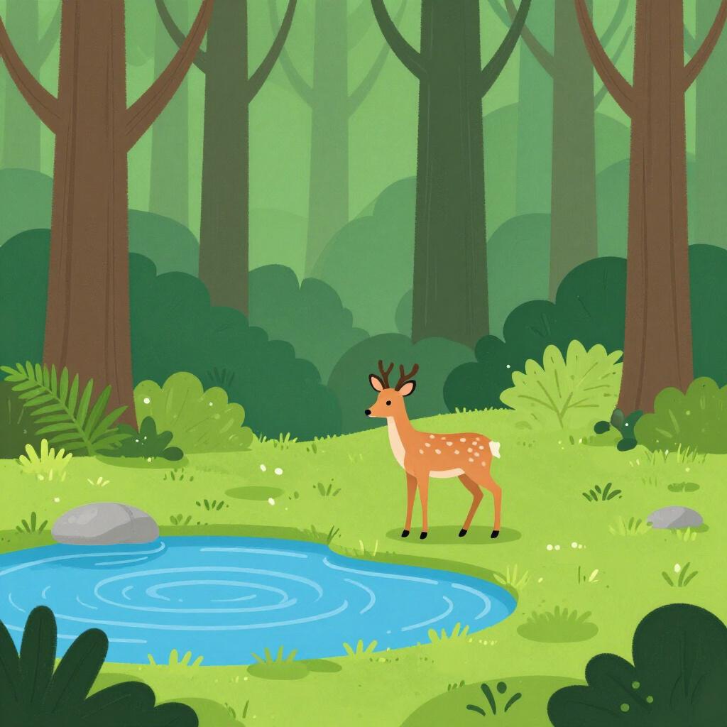 緑豊かな森の開けた場所には小さな池があり、高い木々と緑の植物が生い茂り、動物たちの自然の住処を表しています。
