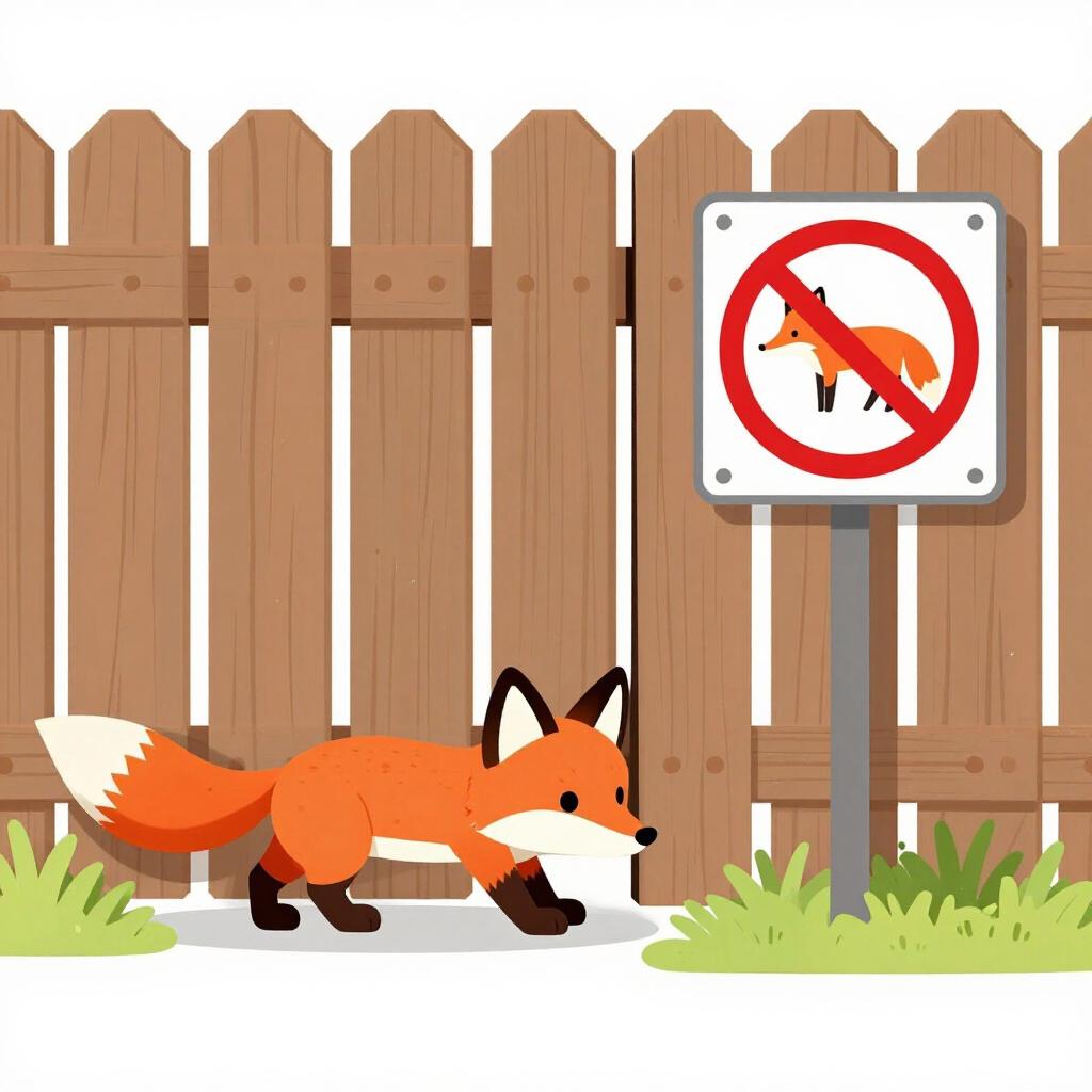 Uma raposa sorrateira rastejando por baixo de uma cerca de madeira de jardim, ignorando uma placa com um círculo vermelho e uma barra sobre a silhueta de uma raposa.