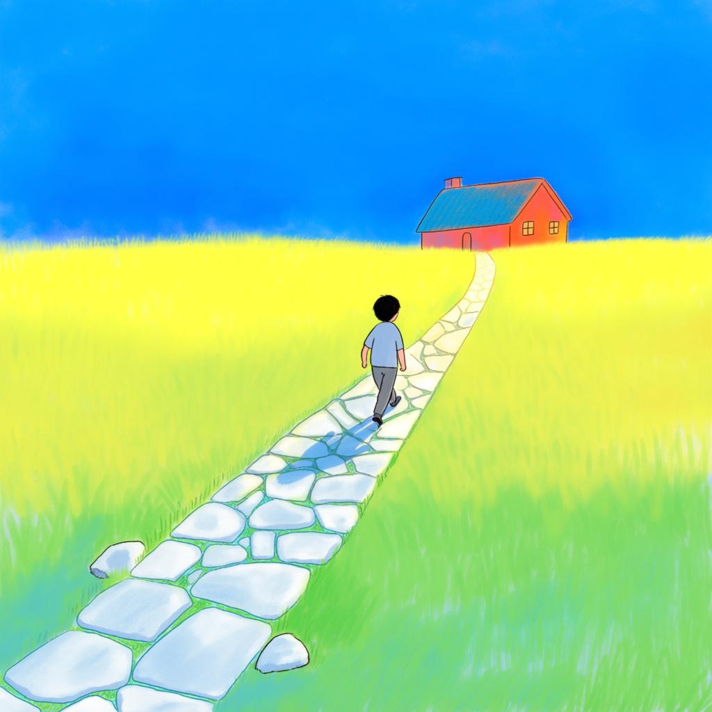 A small figure walking along a winding path toward a brightly colored, distant house, representing a completed journey.
