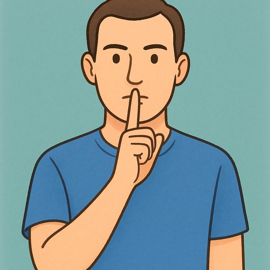 A stern adult figure making a clear shushing gesture by placing their index finger vertically over their closed lips.