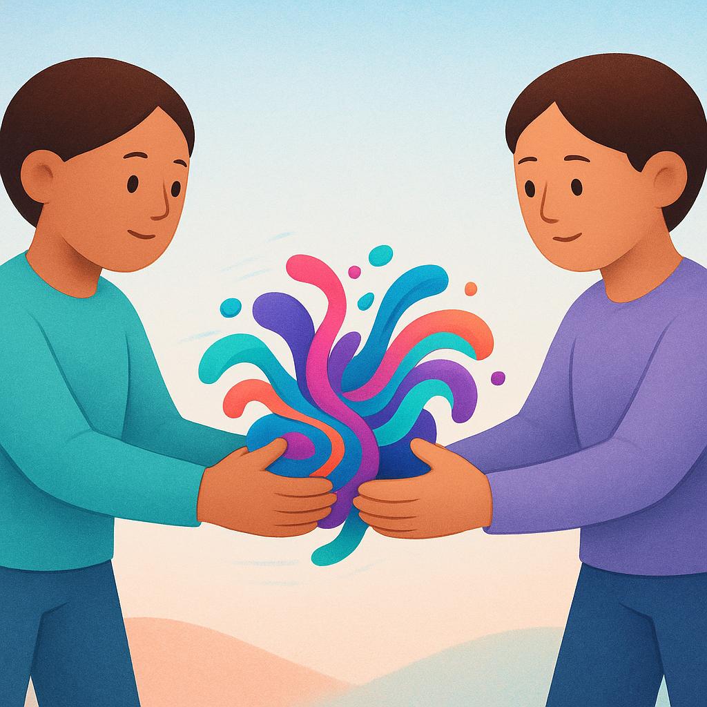 A high quality simple colorful storybook illustration showing two figures firmly holding down a small, stylized, abstract figure, stopping its movement entirely.