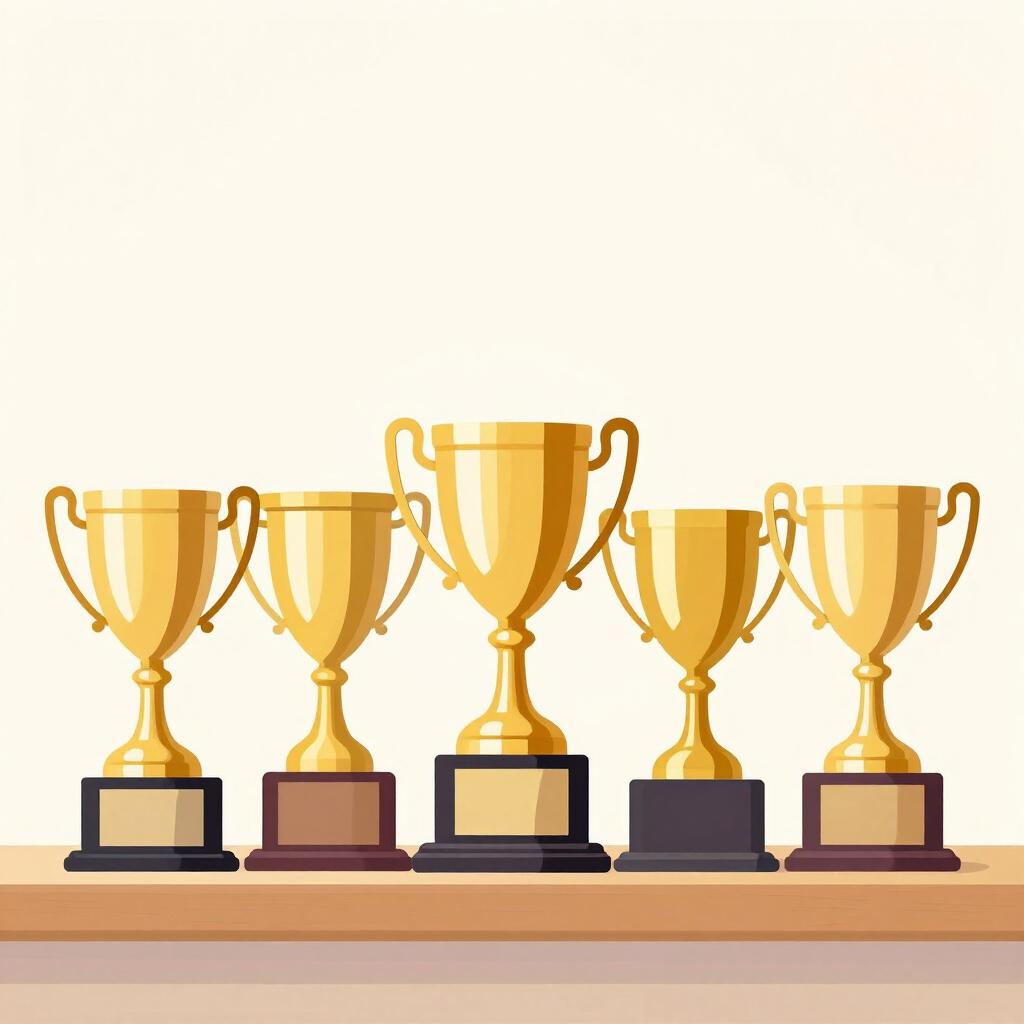 A line of five identical golden trophies standing in a row on a wooden shelf.