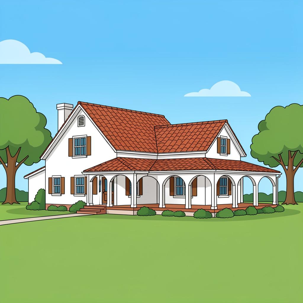 A large white colonial-style house with a red tiled roof and a wide porch, surrounded by lush green fields and trees.