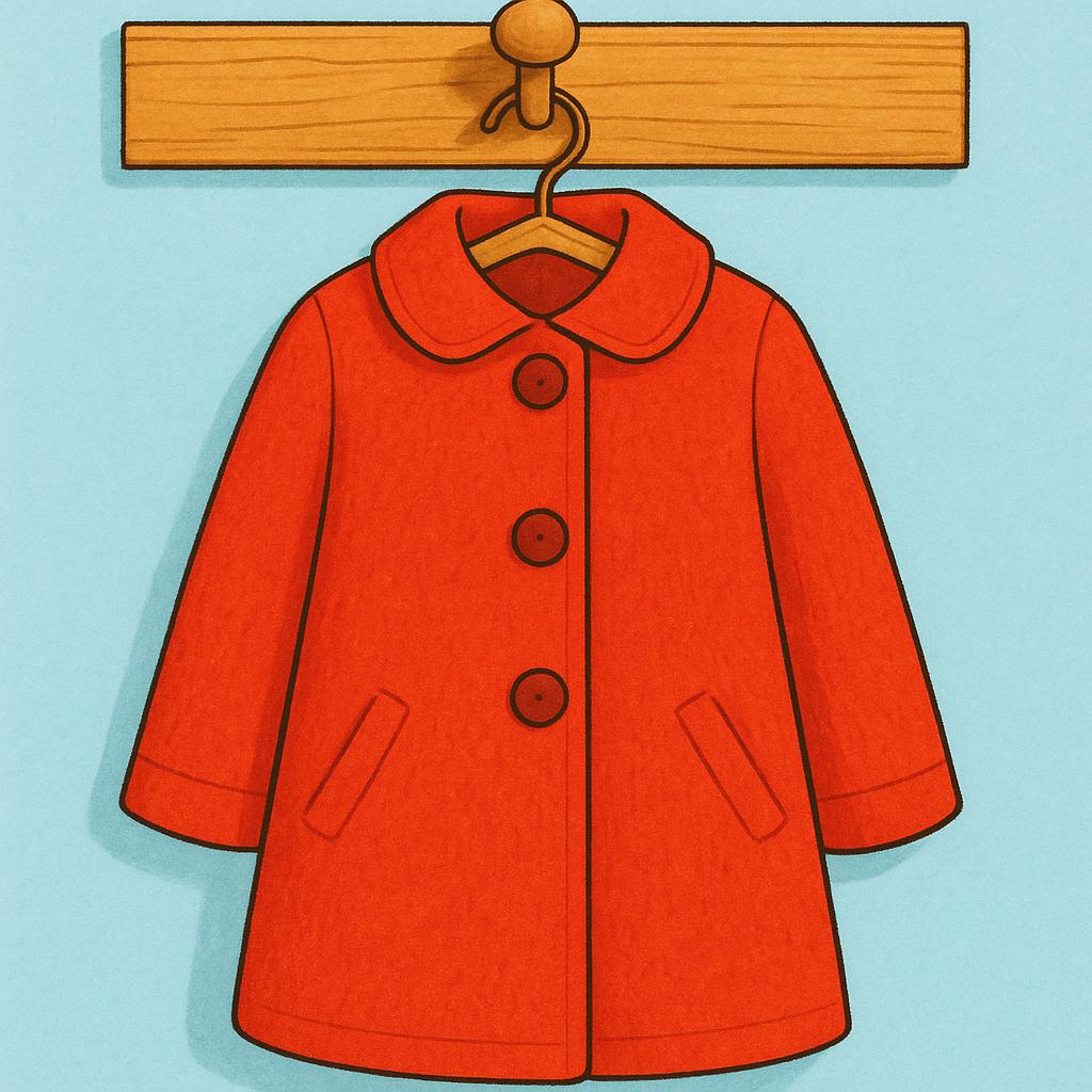 A thick, warm red winter coat with large buttons hanging on a simple wooden wall hook.