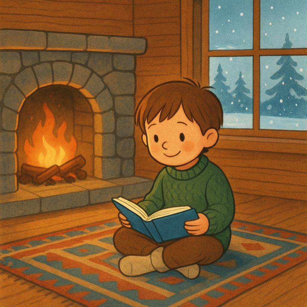 A cozy scene showing a child sitting by a fireplace indoors, suggesting they chose to remain inside the warm cabin.