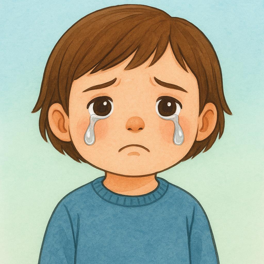 A sad young child is sitting down, crying with tears visibly rolling down their cheek.