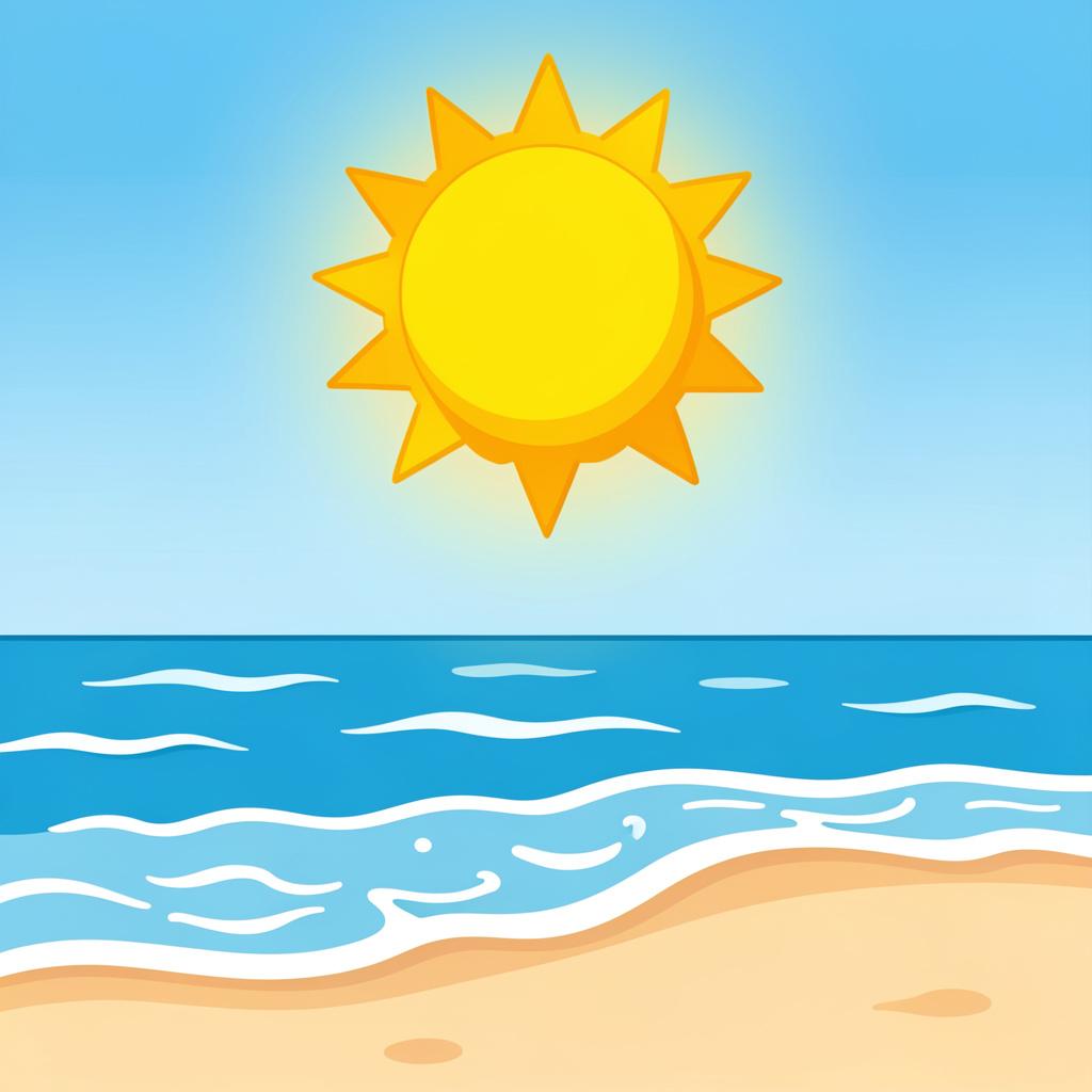 A bright sun shining over a golden beach with calm blue water.