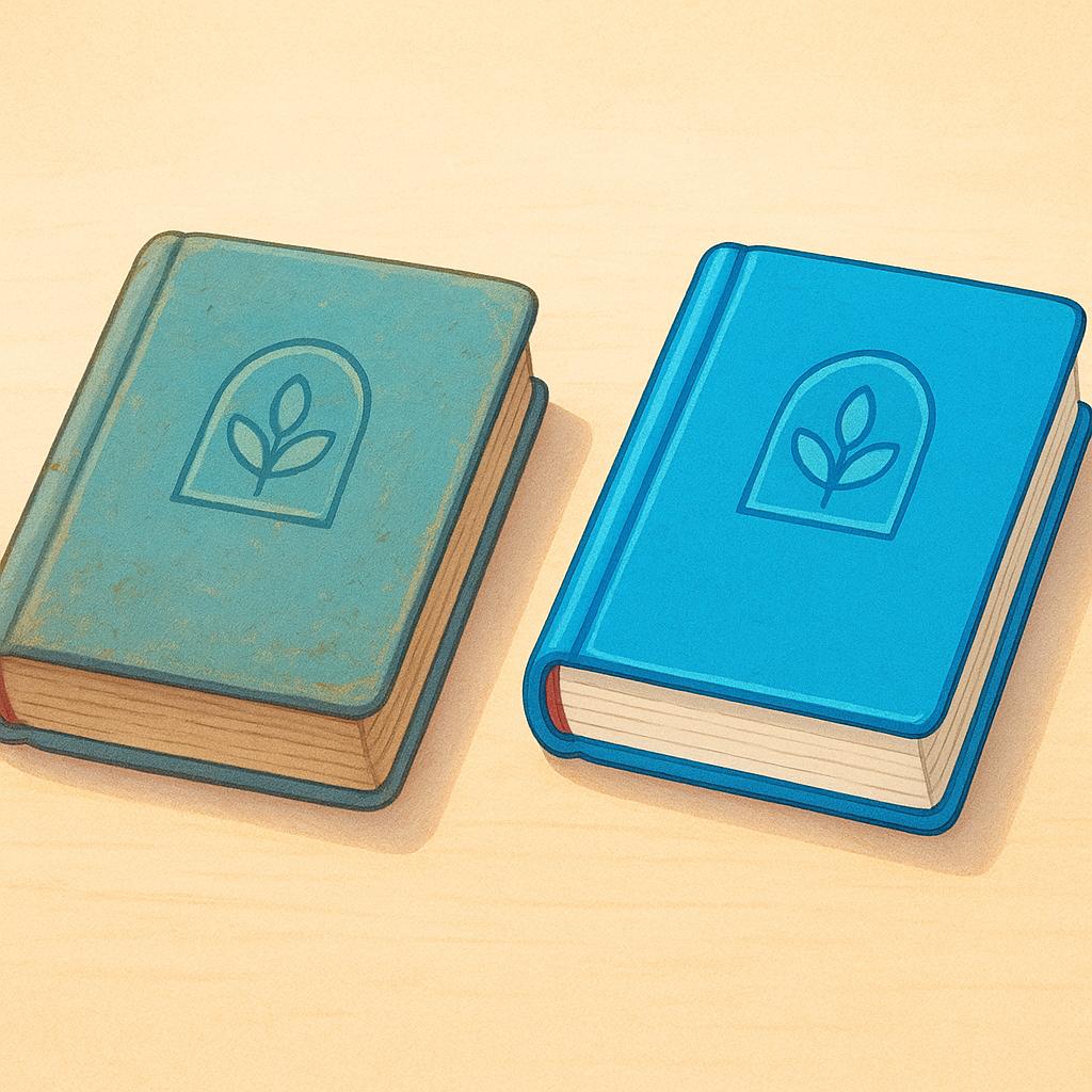 Two identical books sitting side-by-side on a shelf. One book is slightly worn and faded, while the other is pristine and vibrant, representing different printings.