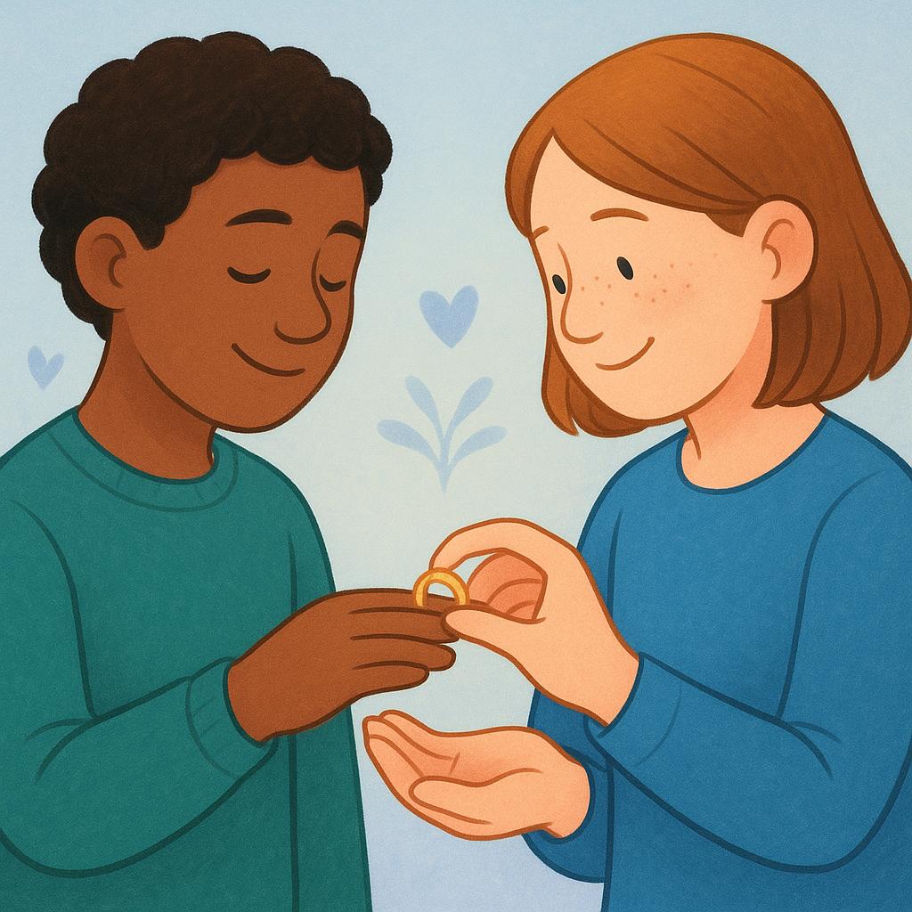 A simple storybook illustration showing two diverse figures exchanging wedding rings, symbolizing the act of marrying.