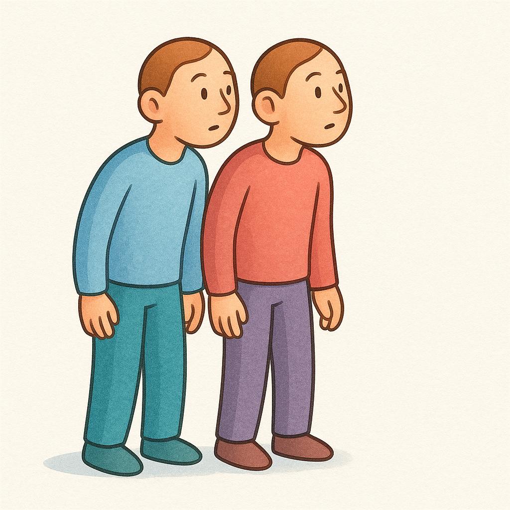 A simple illustration showing two cartoon-like figures standing close together, both tilting their heads slightly as if concentrating on a shared sound, illustrating the concept 'we hear'.