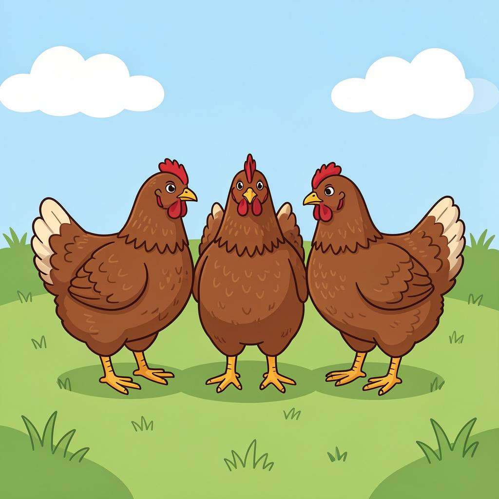A few brown hens standing in a green field.