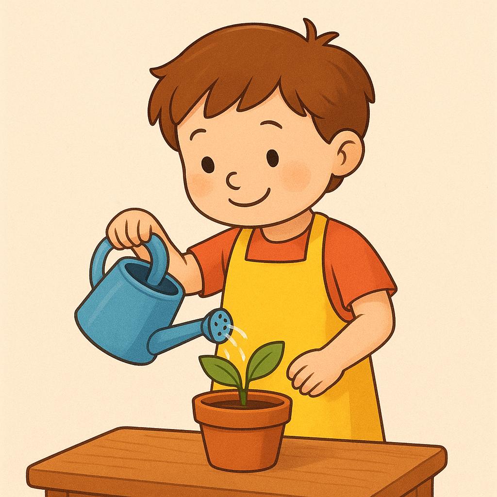 A young girl in a yellow apron carefully waters a small potted plant, demonstrating responsibility for a chore.
