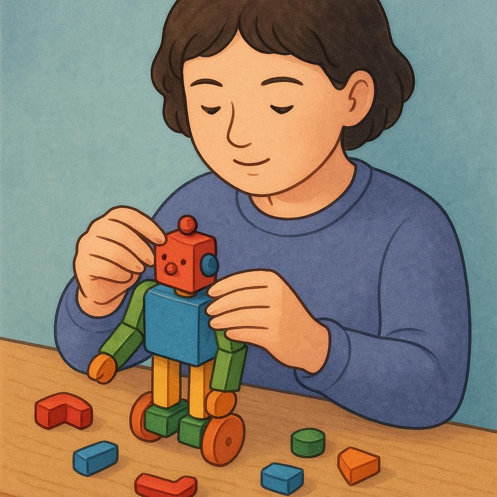 A person sitting at a table, actively assembling a small, colorful wooden robot model. The person is focused on placing the final piece onto the toy.