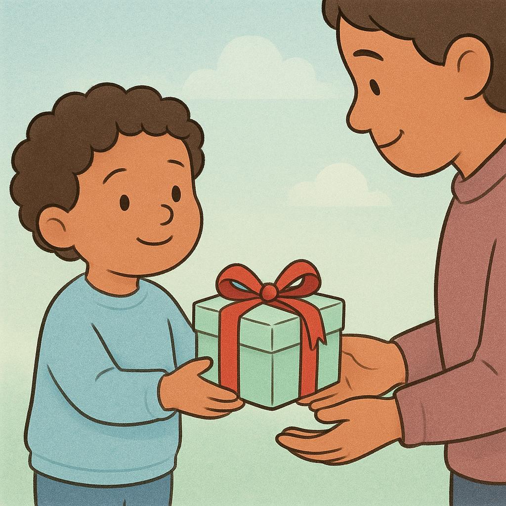 A colorful storybook illustration of a small child gently holding out a single wrapped gift box towards an adult, symbolizing a polite offer or request.