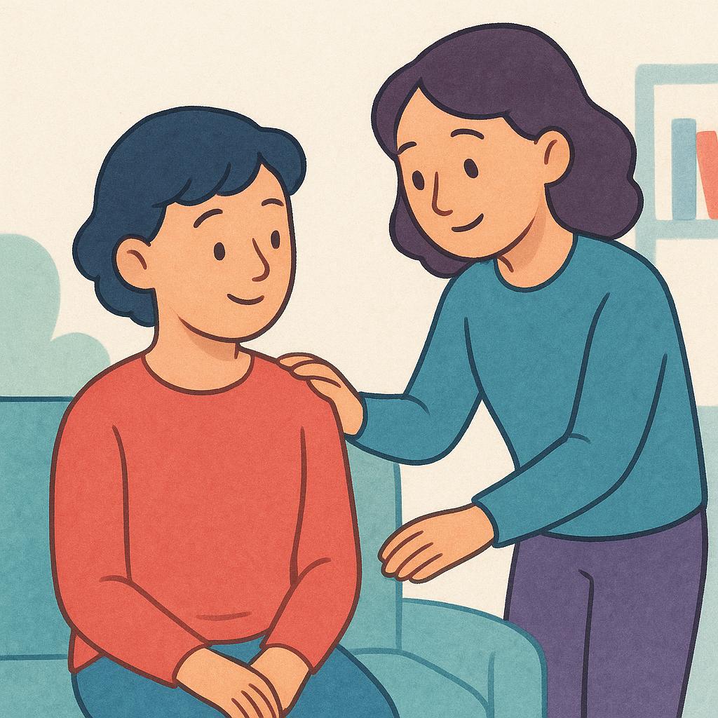 A polite person gently taps a busy, unsuspecting person on the shoulder to gain their attention in a public setting.