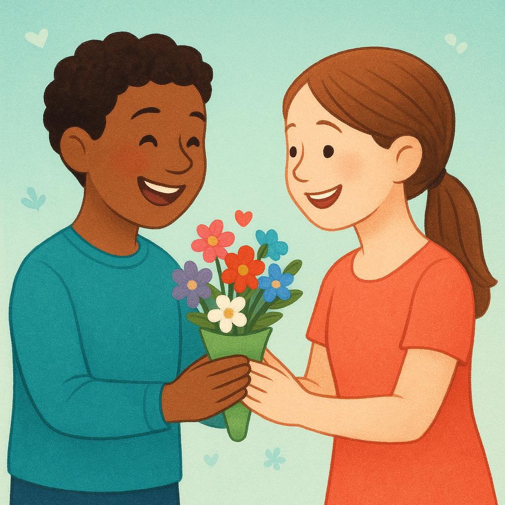 A warmly smiling young man is handing a small bouquet of bright flowers to another delighted person, illustrating a charming personality.