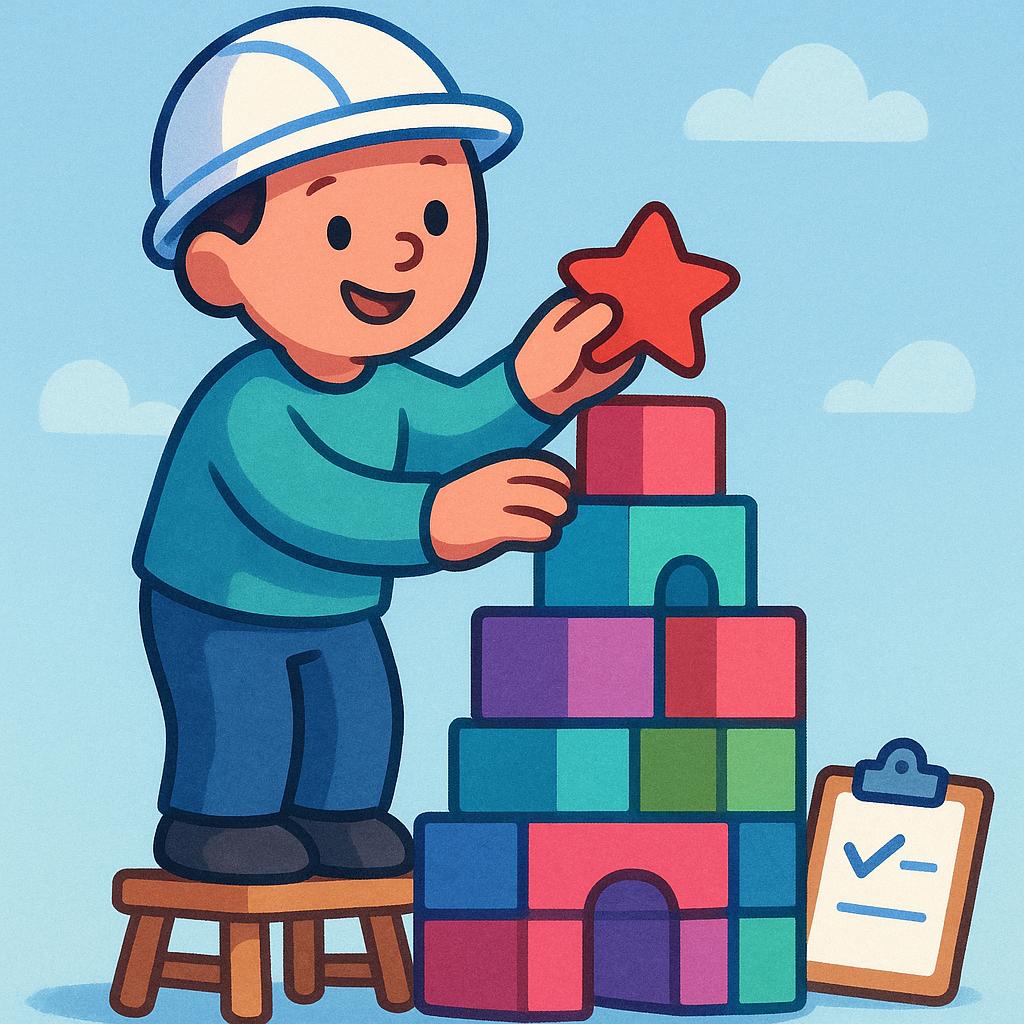 A happy figure wearing a safety helmet places the final block onto a small, completed, colorful structure, symbolizing the successful execution of a plan.