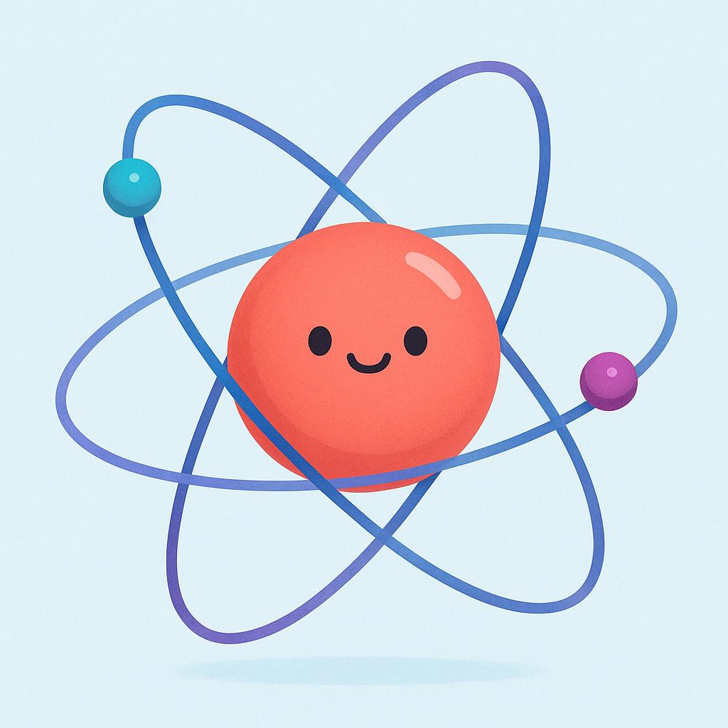 A simple, colorful illustration of an atomic structure, featuring three electrons orbiting a central nucleus.