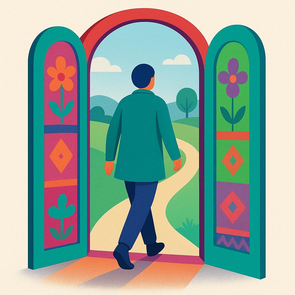 A colorful illustration showing a person walking away from a brightly colored doorway and beginning to travel down a path, emphasizing the action of leaving.