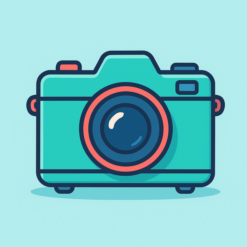 A colorful illustration of a vintage-style photographic camera with a large lens and a flash cube on top.