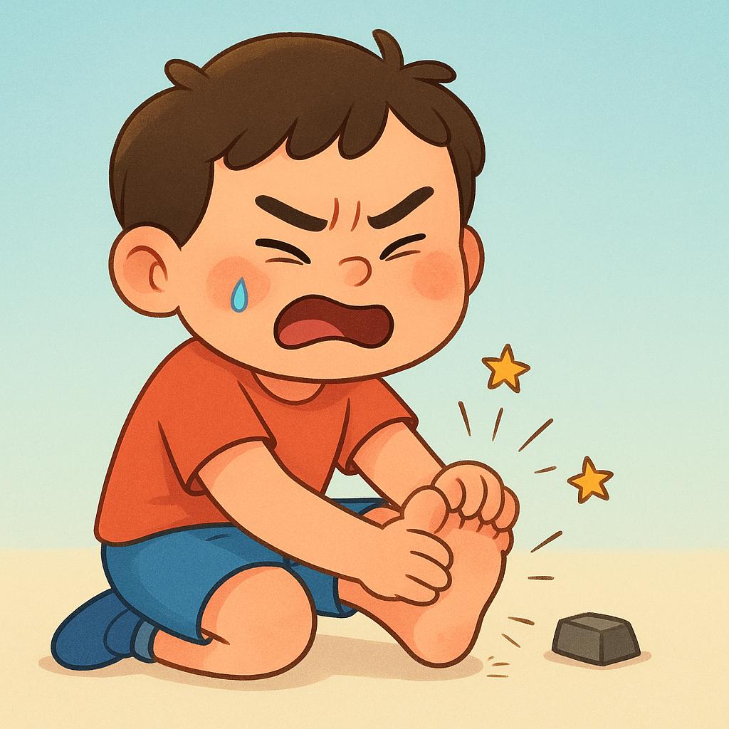 A small child character with a dramatic, frustrated expression, hopping on one foot and holding the other, having just stubbed their toe on a brightly colored toy block.