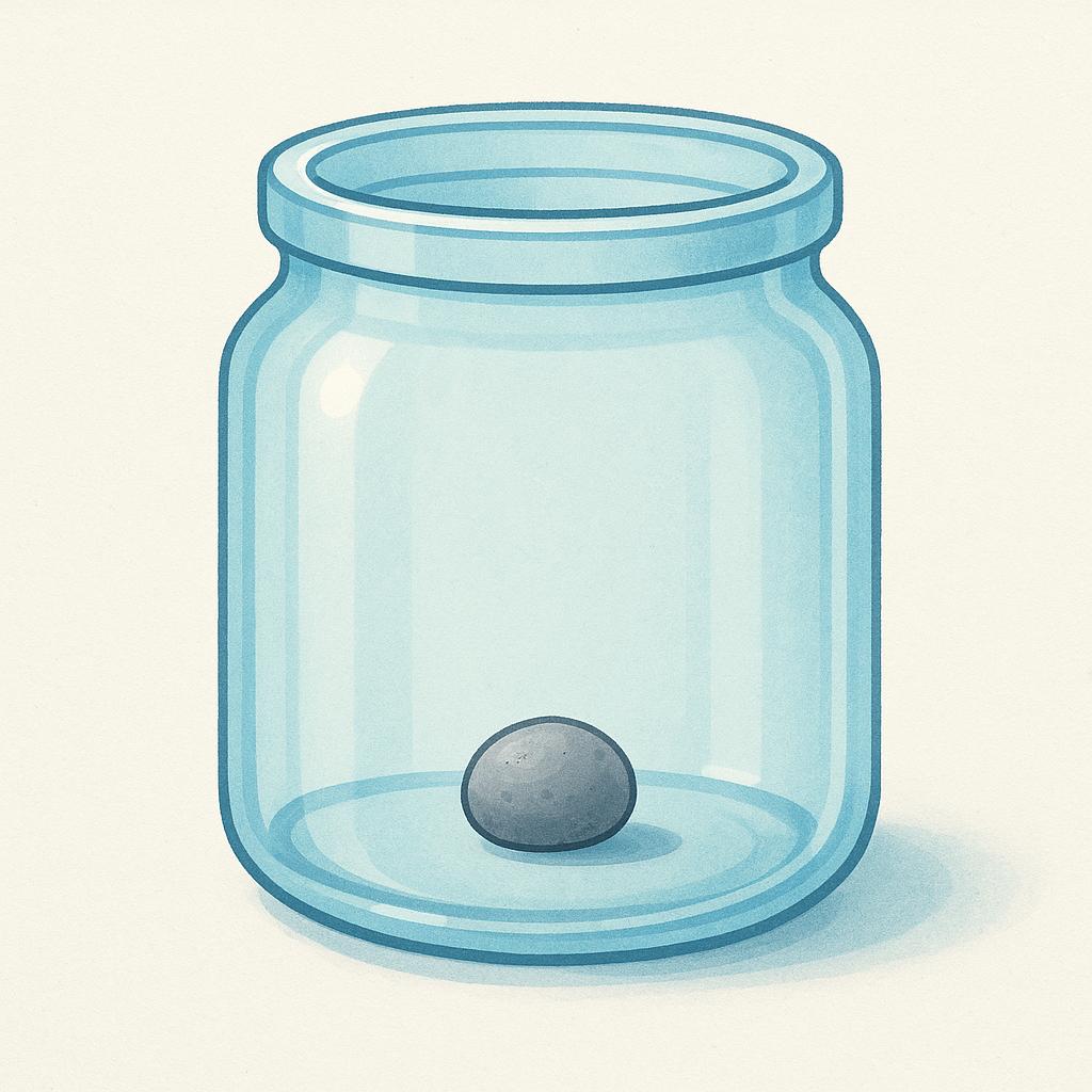 A transparent glass jar shown in cross-section with a single pebble resting on the very bottom.