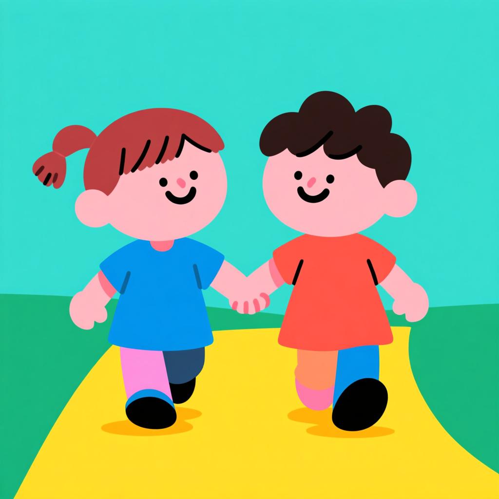 Two happy cartoon children walking side-by-side down a sunny path, holding hands.
