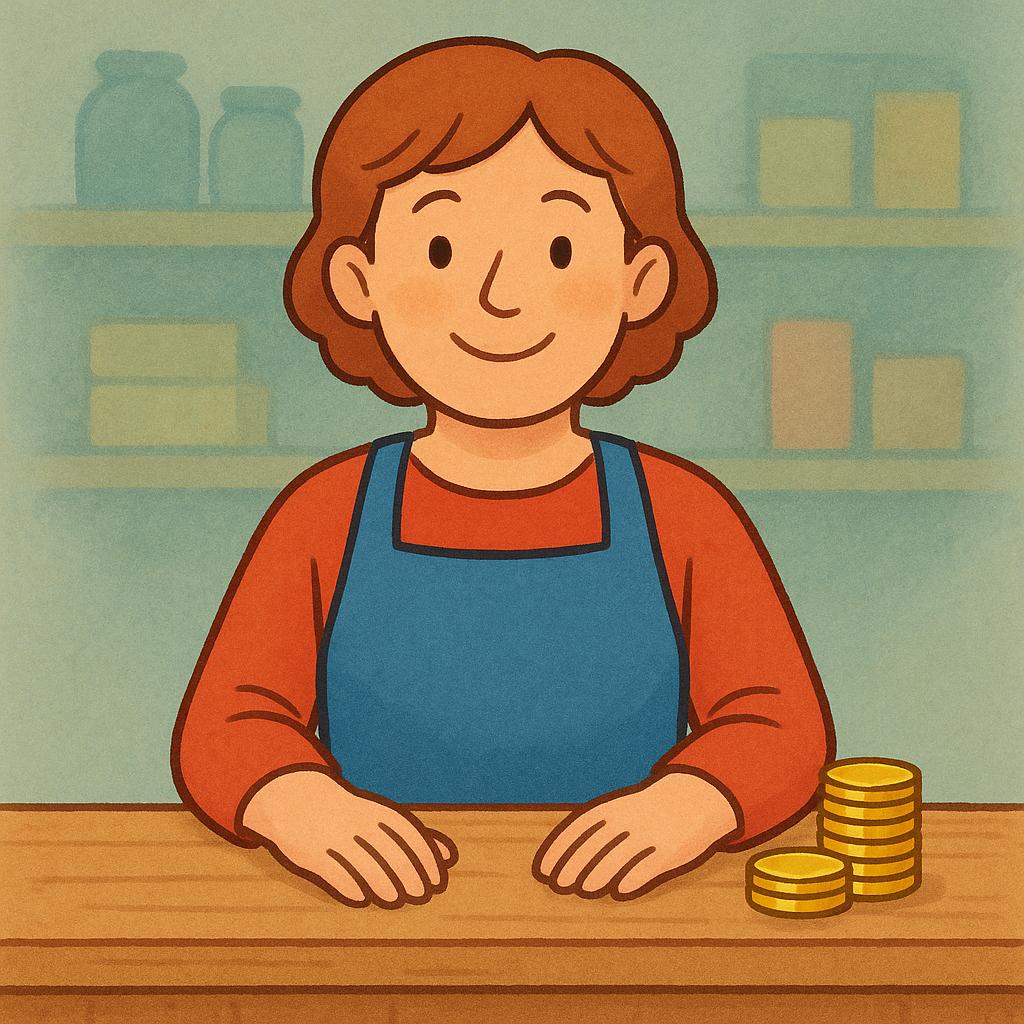 A simple colorful storybook illustration of a smiling vendor standing behind a wooden counter. The vendor is holding an empty hand, having just finished a transaction, with a small stack of gold coins resting on the counter.