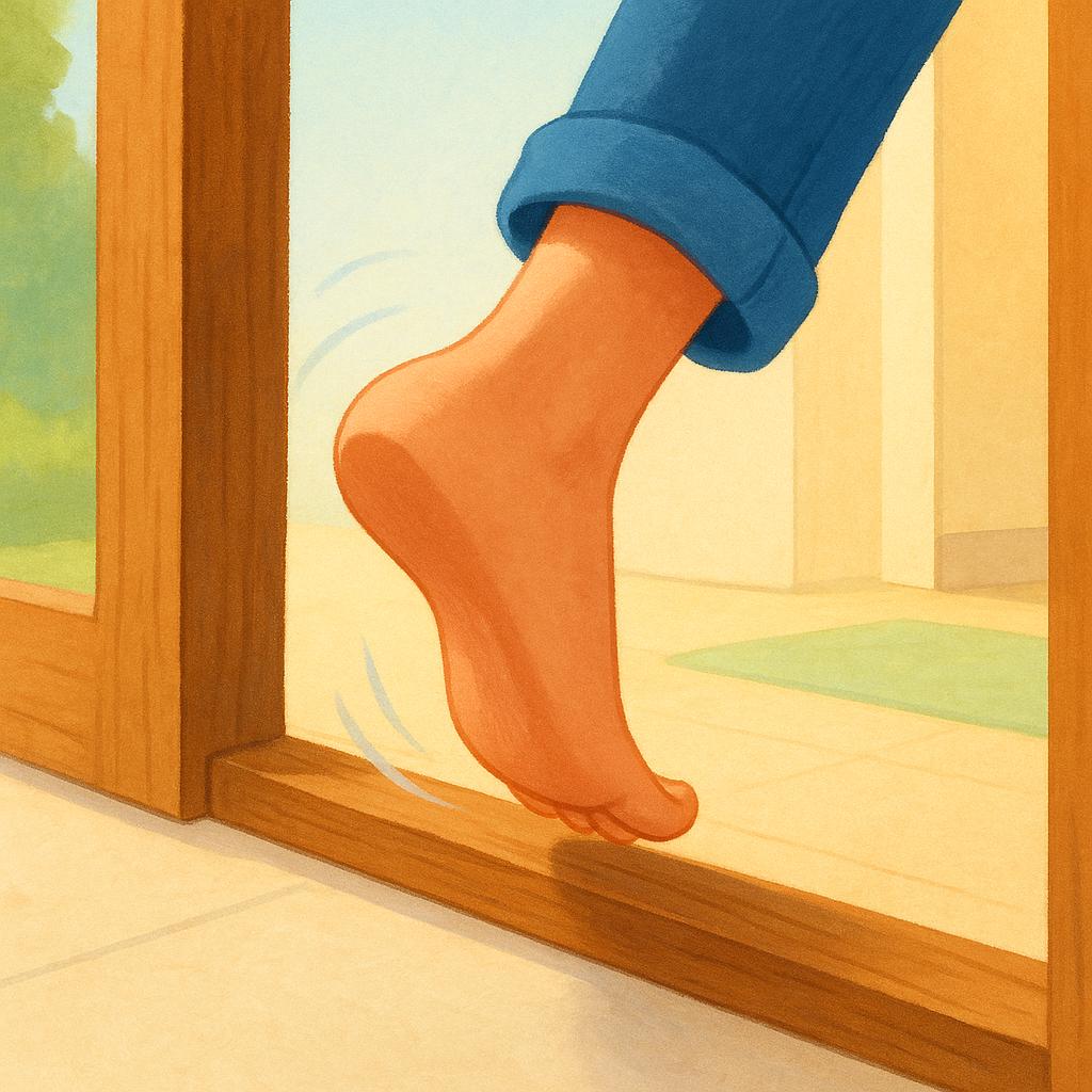 A small figure stepping across the threshold of a brightly lit, open doorway, moving from the outside into the interior of a room.