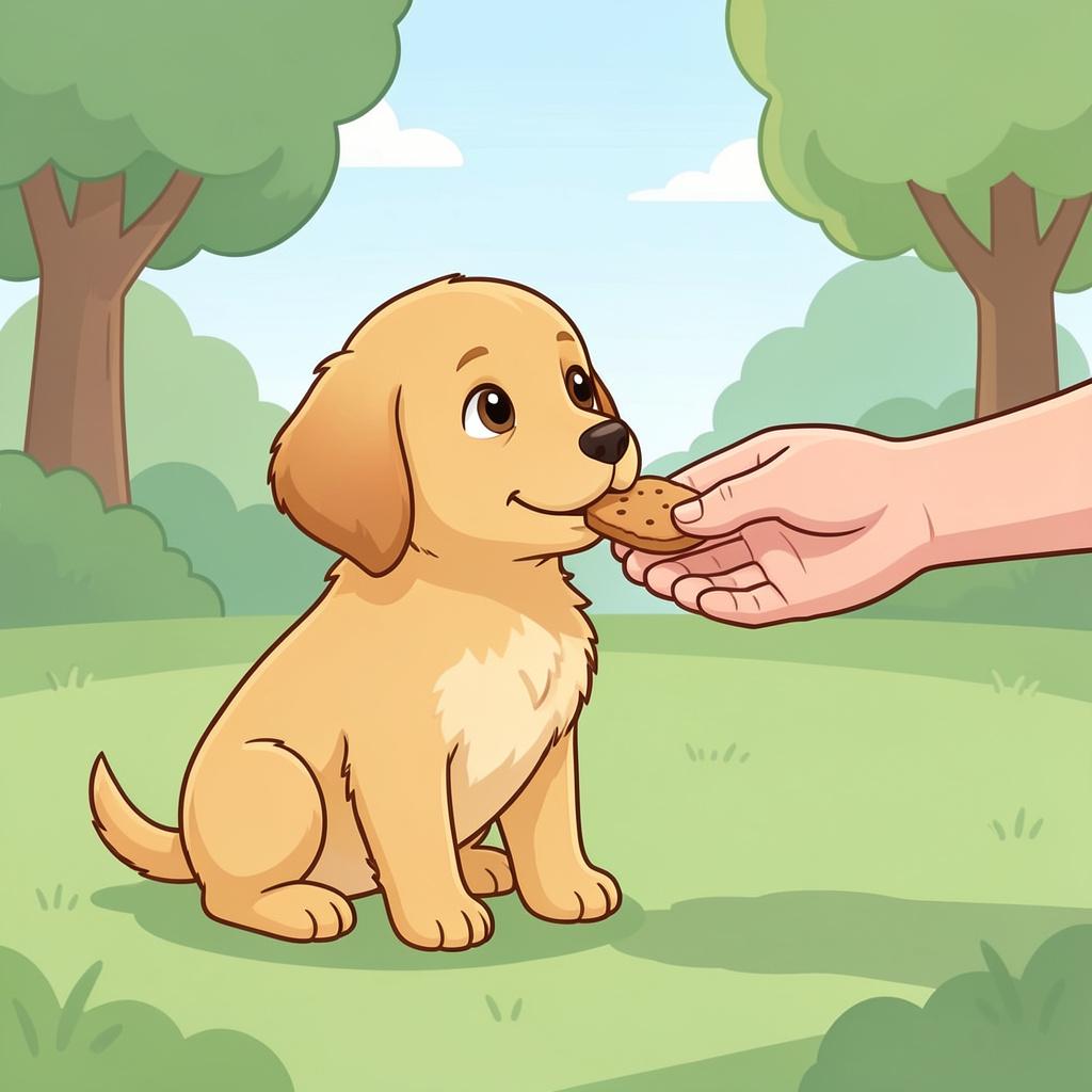 A well-behaved puppy sitting calmly and looking up at its owner's hand as it receives a treat.