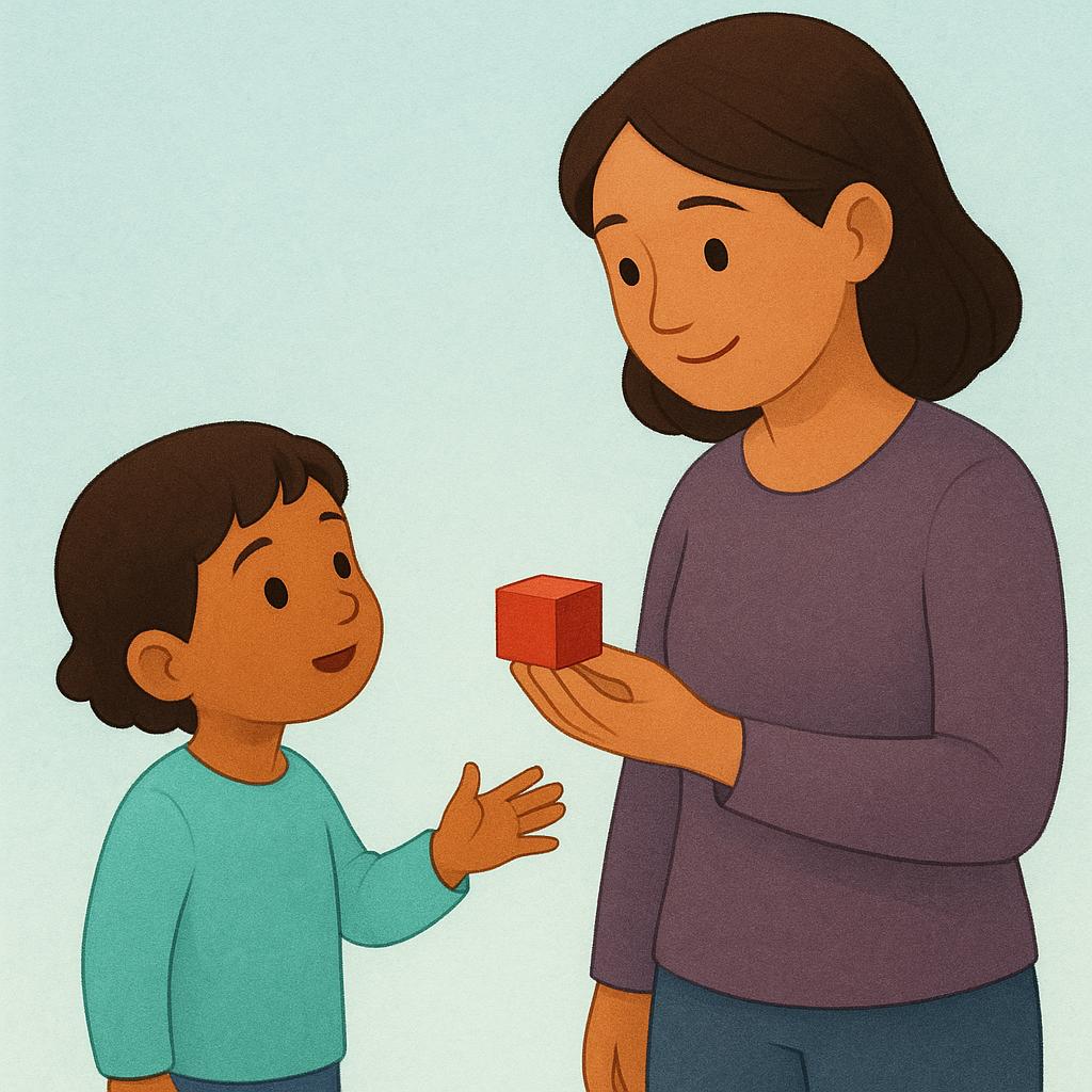 A small child looking up at an adult and reaching out an open hand, requesting a toy block the adult is holding.