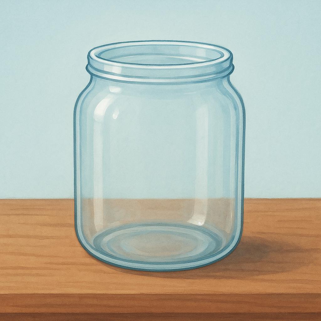 A clear glass jar standing upright on a wooden table, completely devoid of any contents.