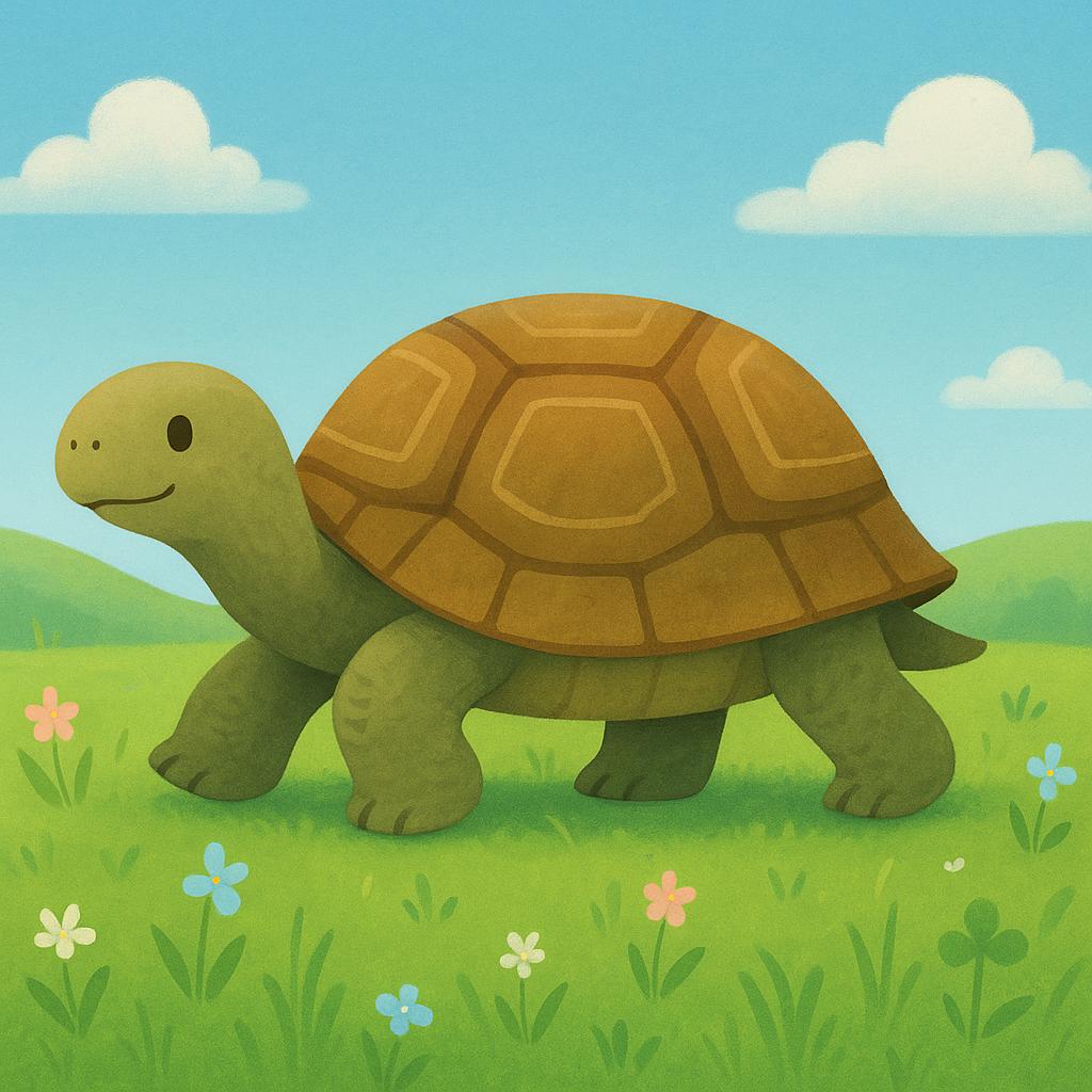 A large tortoise slowly walking on green grass in a sunny meadow.