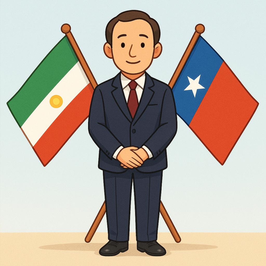 A formally dressed diplomat standing respectfully between two crossed national flags, symbolizing international relations and high-ranking official duties.
