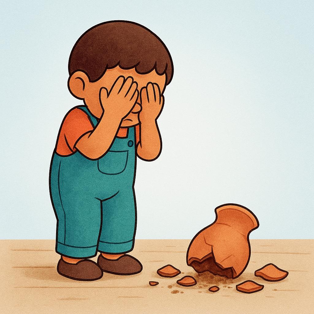 A cartoon character standing next to a tipped-over vase, covering their face completely with their hands, indicating deep shame or embarrassment.