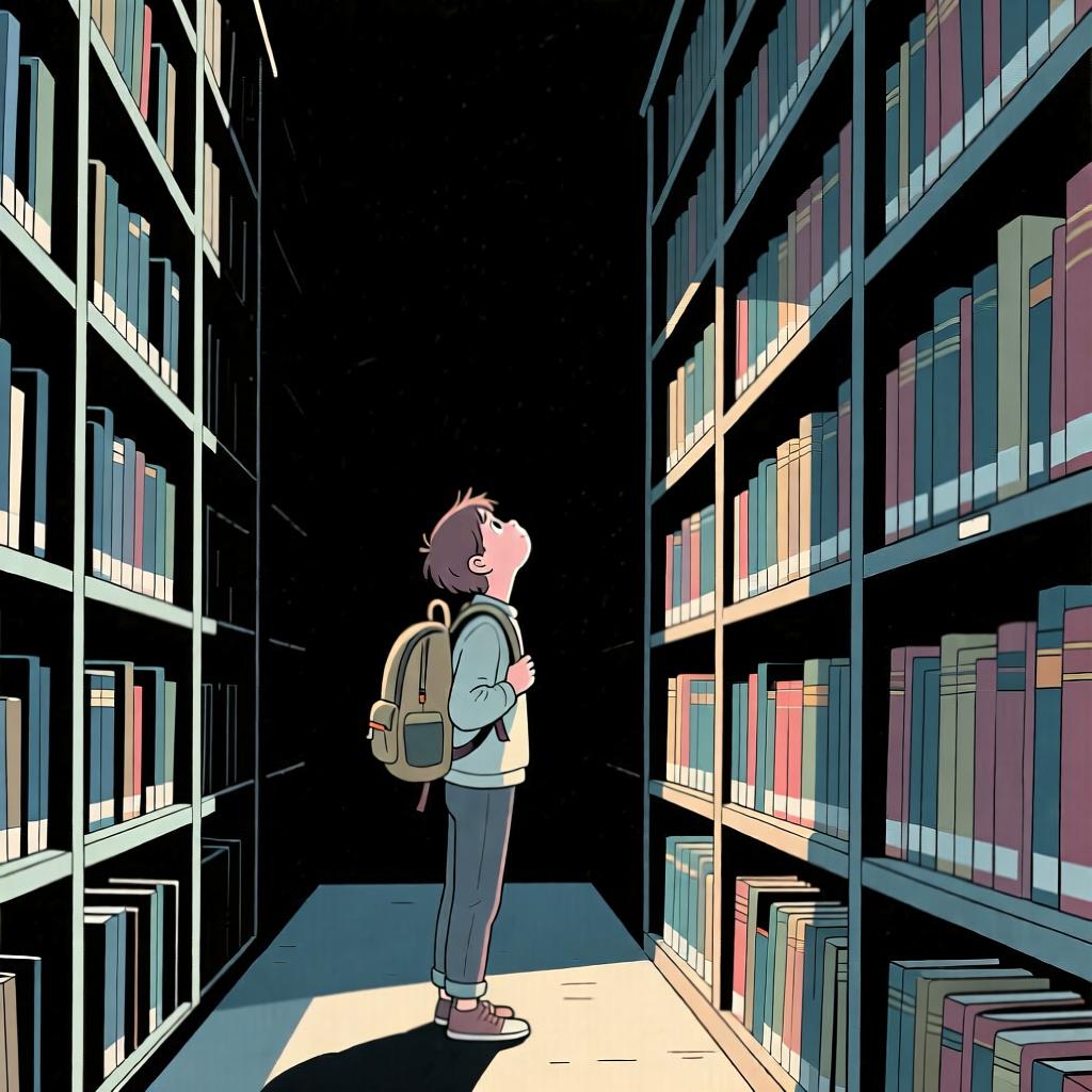 A person standing inside a library, looking at bookshelves, representing the concept of being in a specific location.
