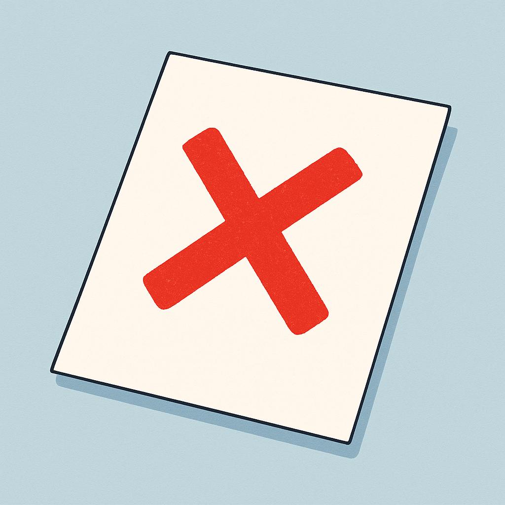 A piece of white paper resting on a wooden desk, marked prominently with a large, bright red 'X', signifying denial or rejection.