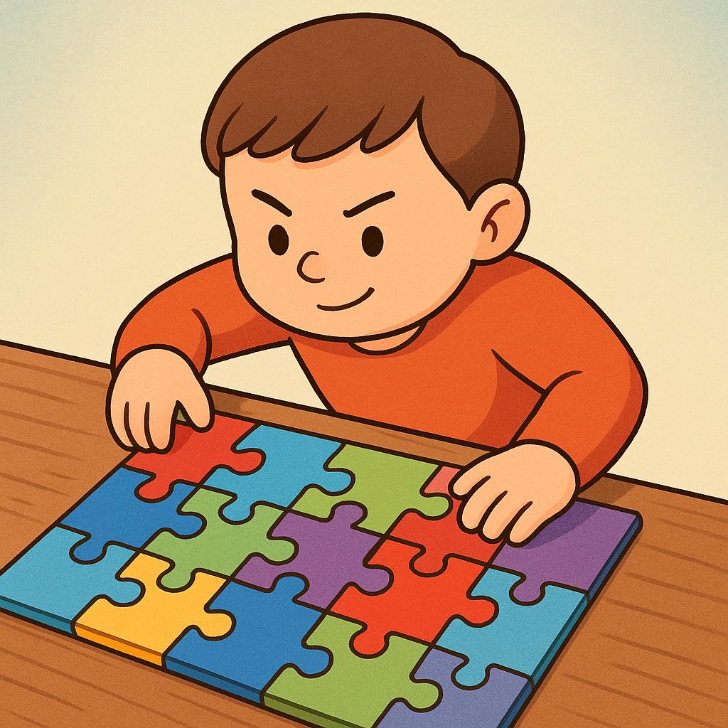 A cartoon character confidently places the final red piece into a colorful, simple jigsaw puzzle, signifying the completion of a task.