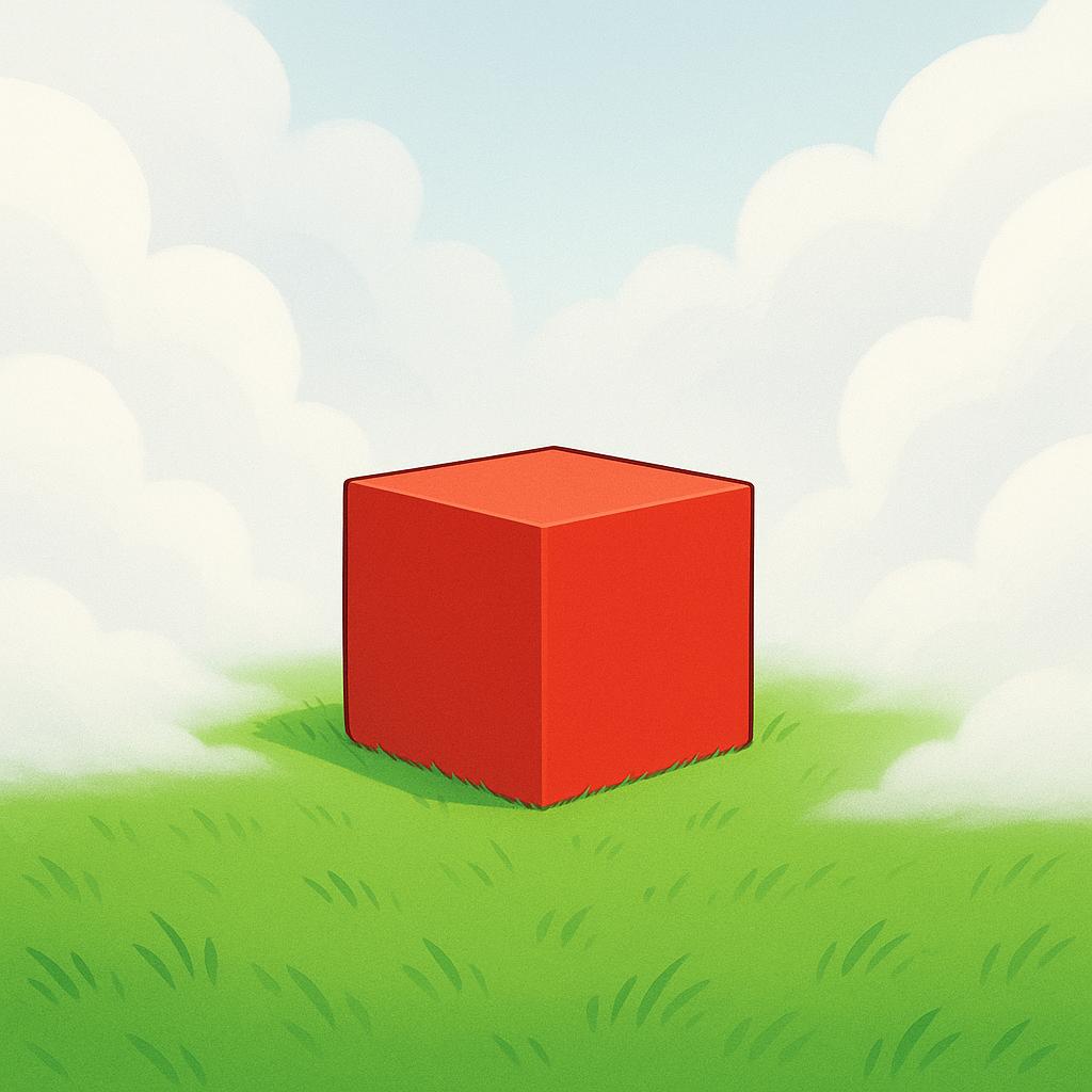 A thick fog is dramatically receding, revealing a brightly colored, simple red cube sitting clearly on a green field.