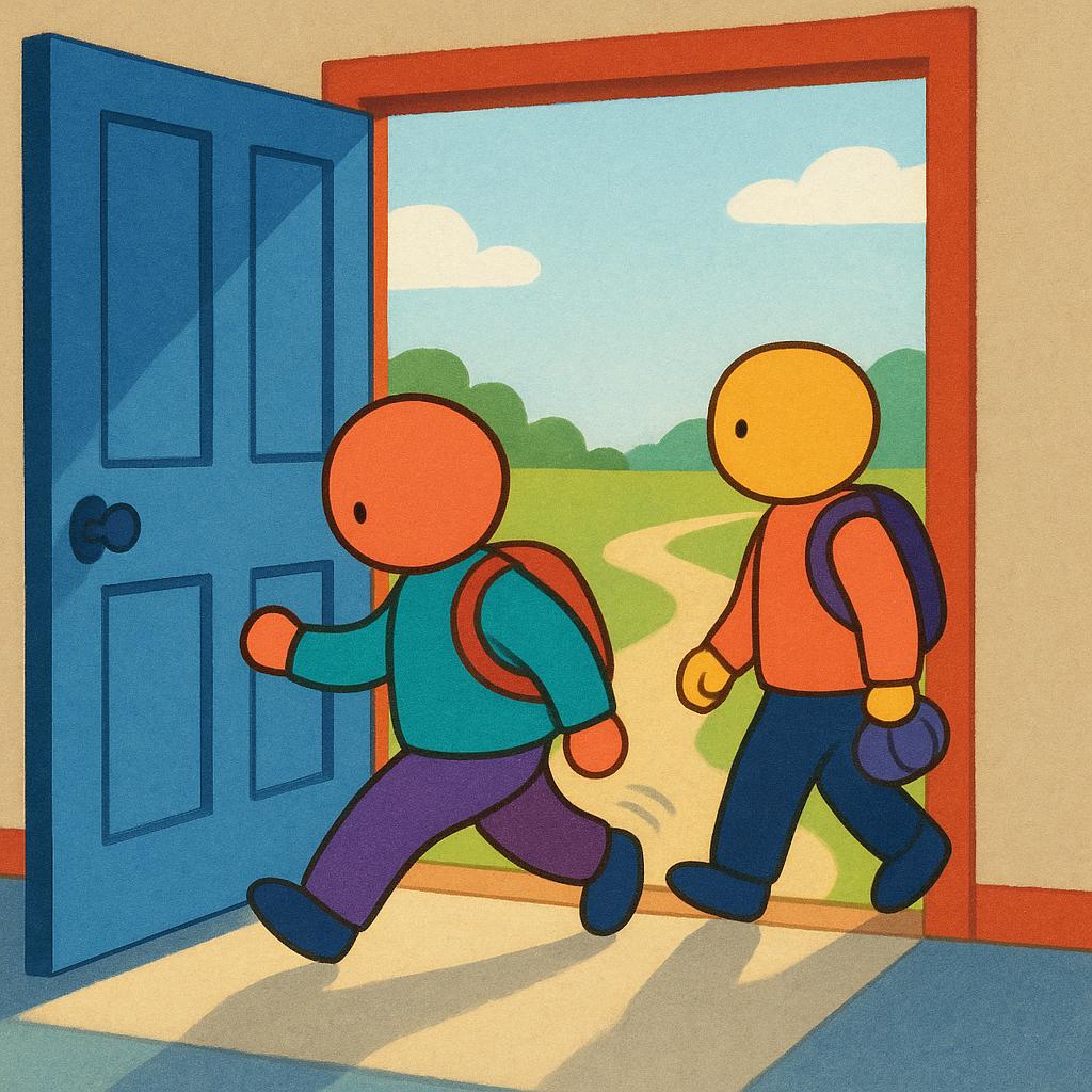 Two small, stylized human figures are walking through an open doorway of a house, actively stepping outside onto a path.