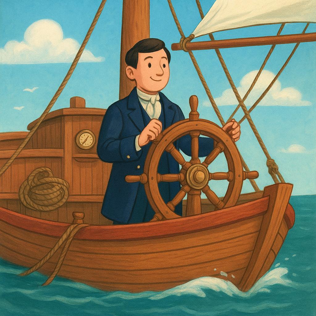 A colorful storybook illustration of a large, sturdy ship sailing smoothly on the ocean, steered by a figure holding a large wheel, symbolizing the institution that runs a country.