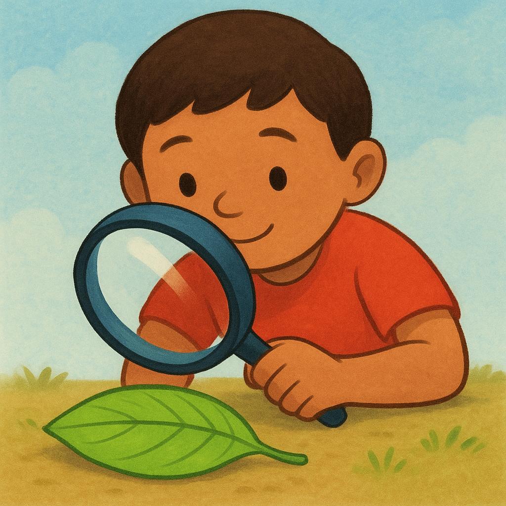A child with a magnifying glass closely examining a bright green leaf on the ground.