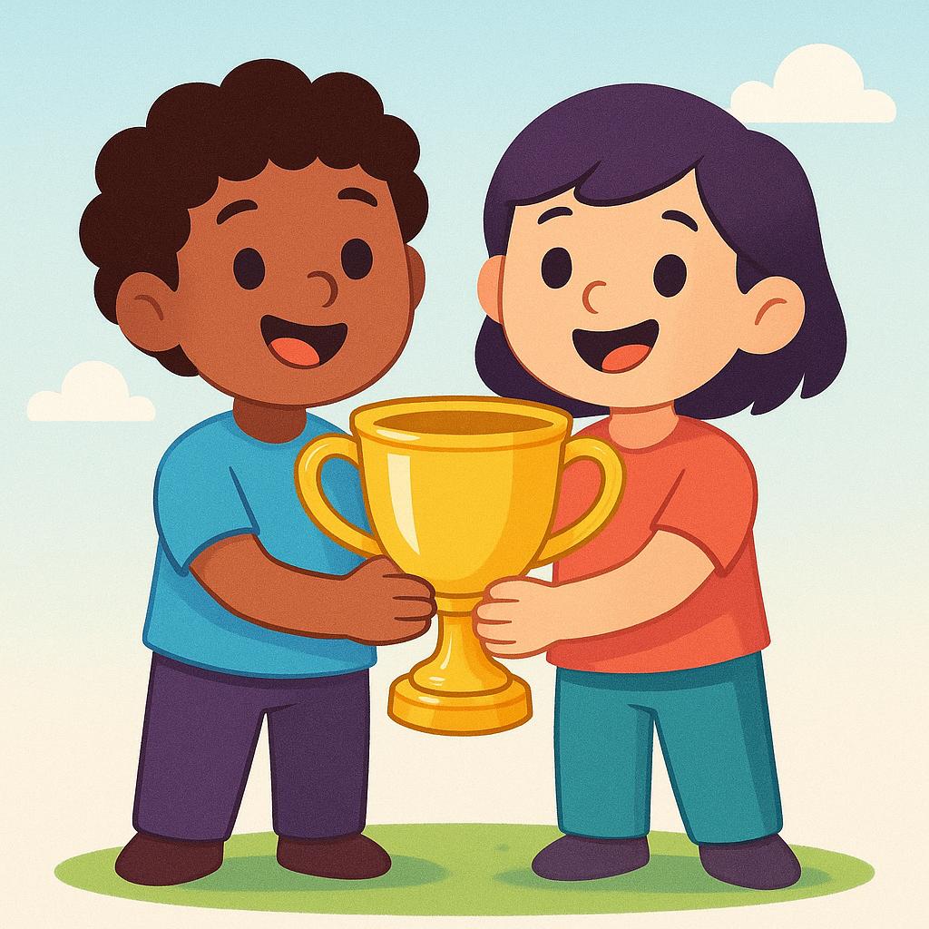 Two smiling children standing together, proudly holding a shiny gold trophy high above their heads in a gesture of achievement and satisfaction.