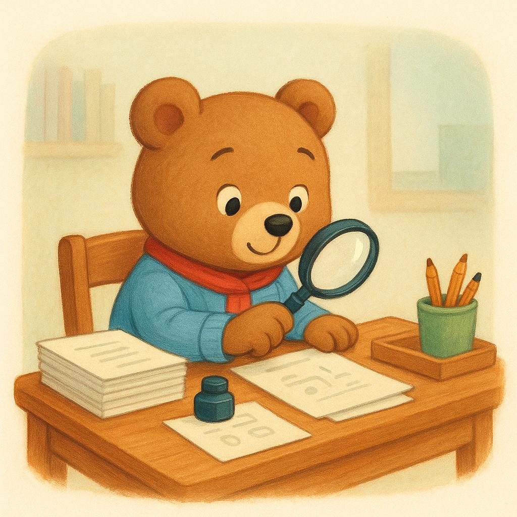 A cartoon bear character sitting at a wooden desk, wearing reading glasses, and meticulously examining a stack of documents with a large magnifying glass.