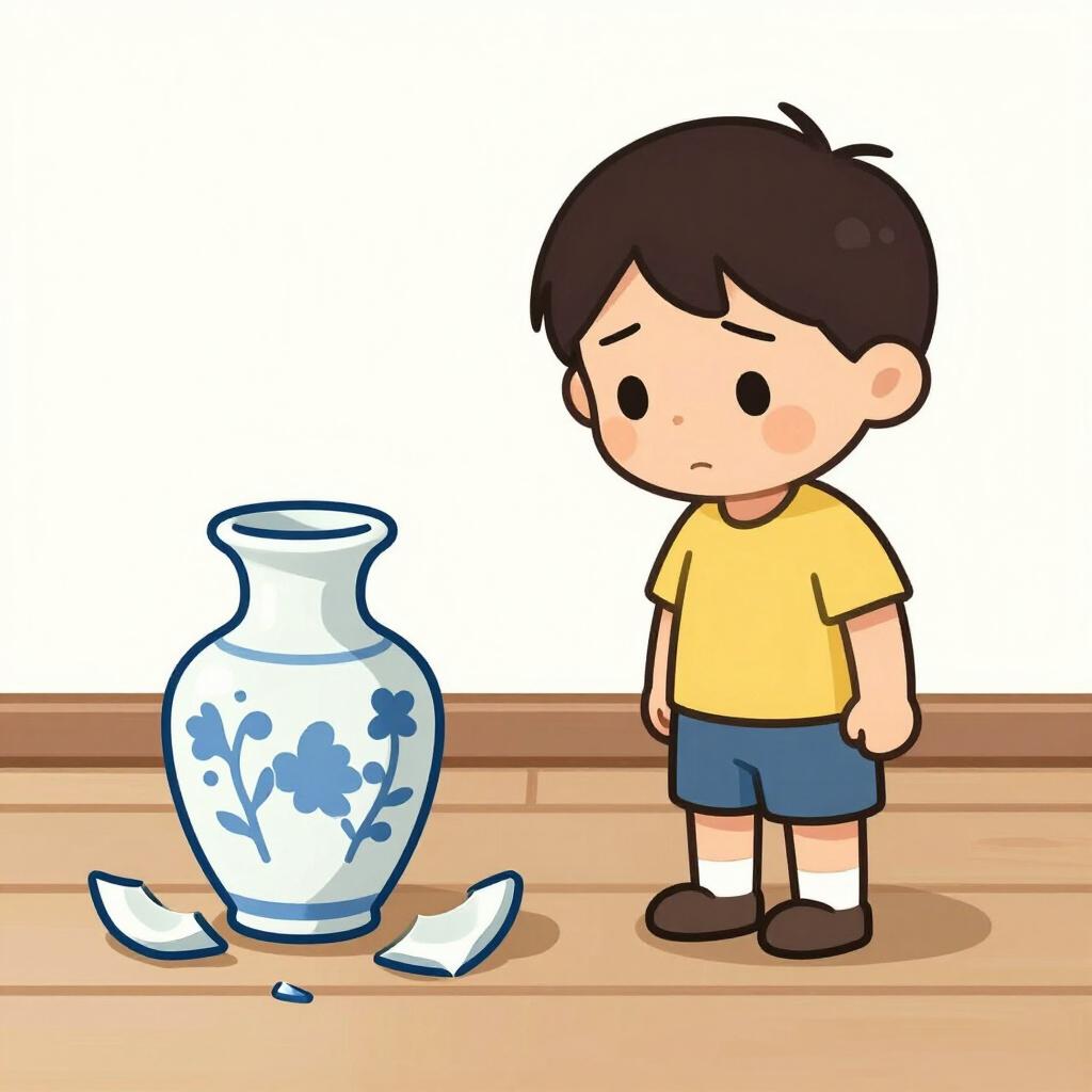 Ein trauriges Kind, das eine zerbrochene Keramikvase auf dem Boden betrachtet.