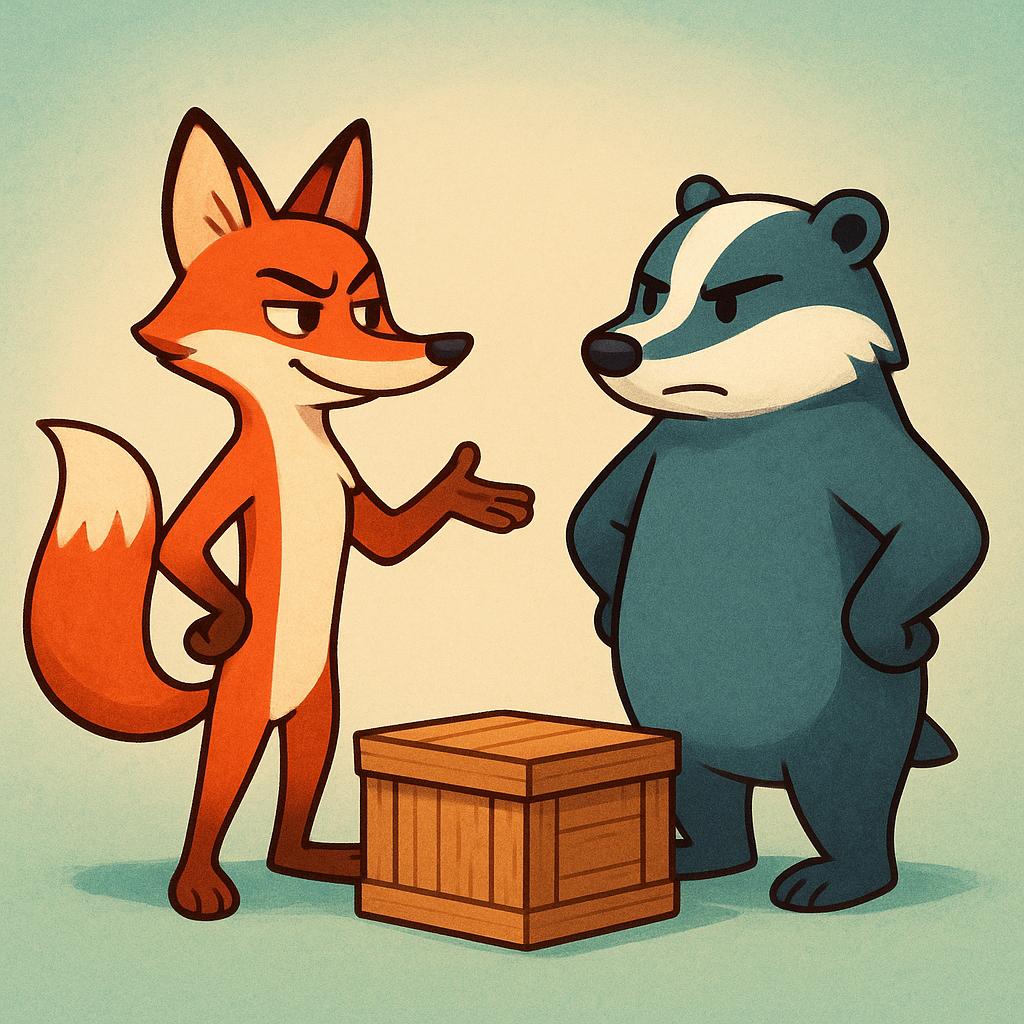 A high-quality simple colorful storybook illustration showing two stylized animal characters, a confident fox and a serious badger, standing face-to-face across a small wooden crate, engaged in a tense discussion, symbolizing dealing with a situation.