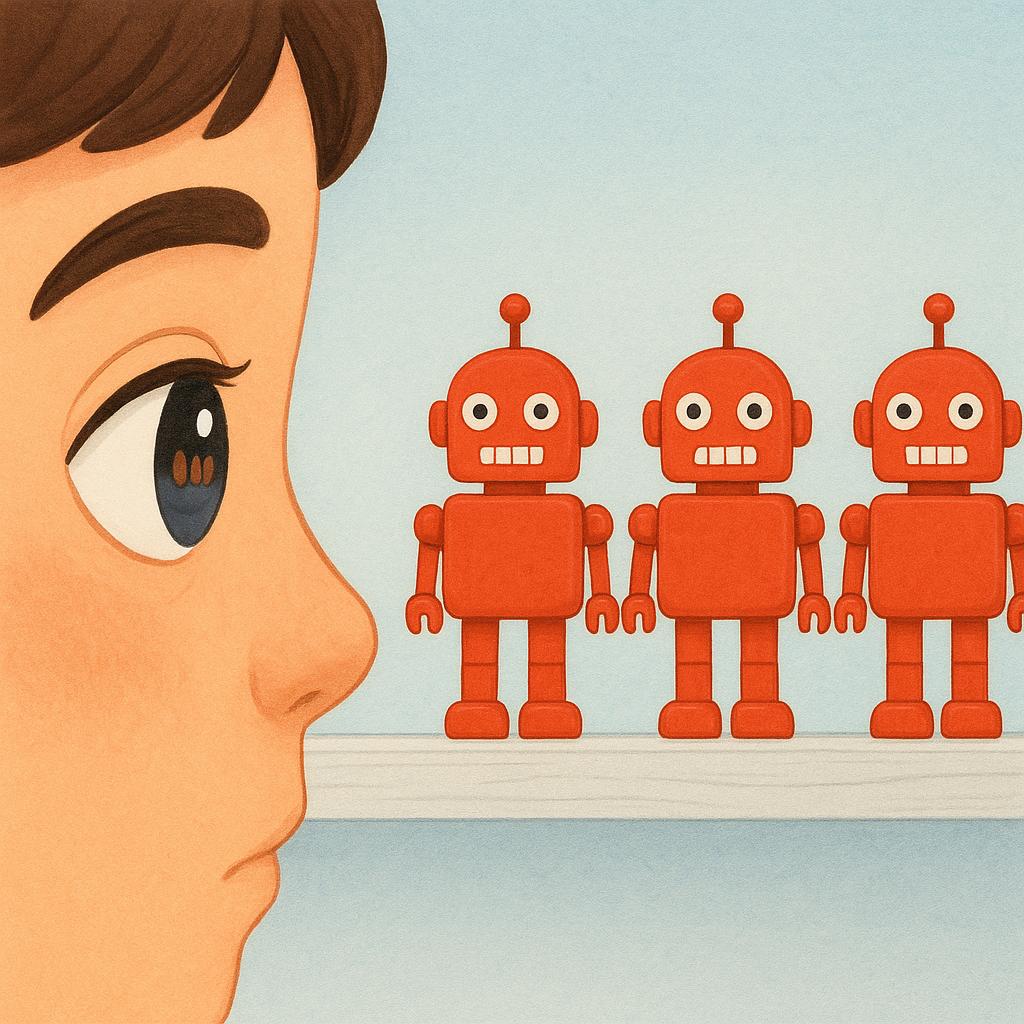 A person's face shown in profile, with one eye wide open and focused intently on three brightly colored toy robots standing side by side on a surface.