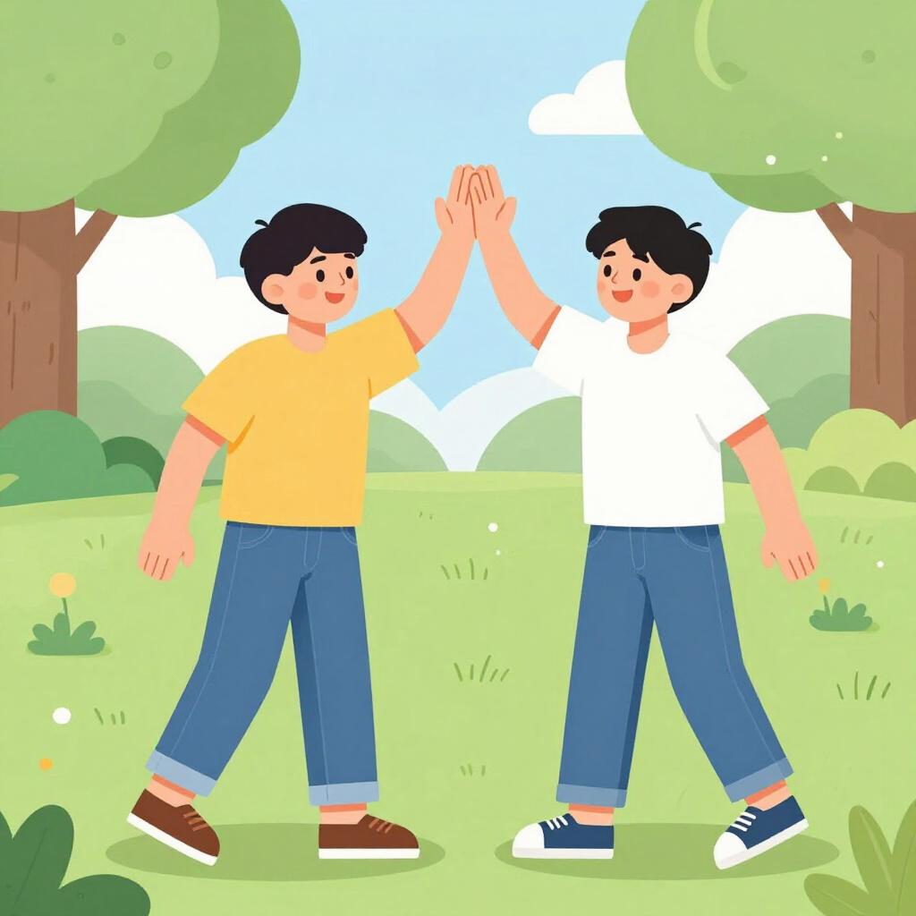 Two young men in casual clothing giving each other a friendly high-five.
