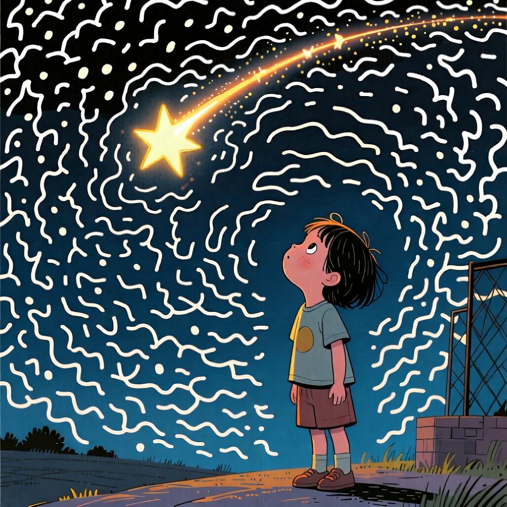 A child looking up in awe at a brilliant shooting star crossing a dark, clear night sky.