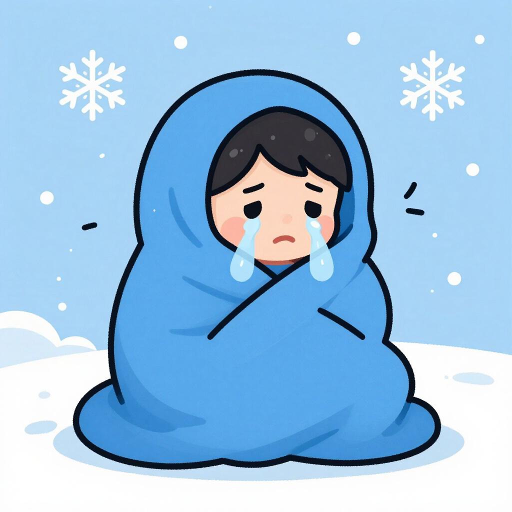 A small child wrapped in a thick blue blanket, shivering with visible quivering lines, standing in a snowy landscape.